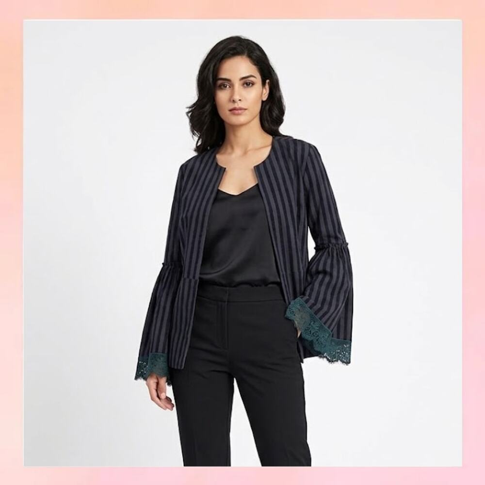 Suzanne Betro Striped Peplum Blouse with Flare Lace Trim Sleeves Small
